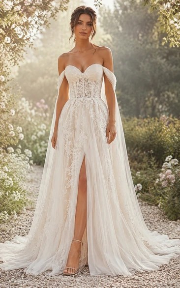 Boho A-Line Wedding Dress Off Shoulder Sweetheart Tulle Lace Applique Split Front Floor Length Chapel Train Ivory
