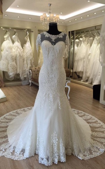 Short Sleeve Jewel Neck Lace Mermaid Dress With Beadings