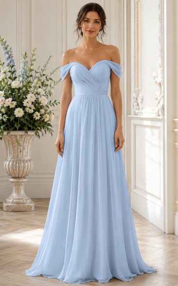 Sky Blue Off-the-Shoulder A-Line Chiffon Bridesmaid Dress
