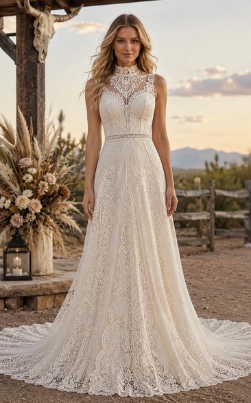 Country Modest A-Line Wedding Dress Sleeveless High Neck Tulle Lace Applique Floor Length Chapel Train Ivory