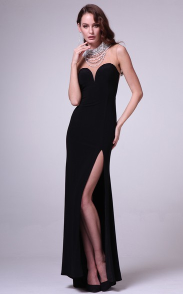 Sheath Maxi High Neck Sleeveless Jersey Illusion Dress With Split Front And Beading