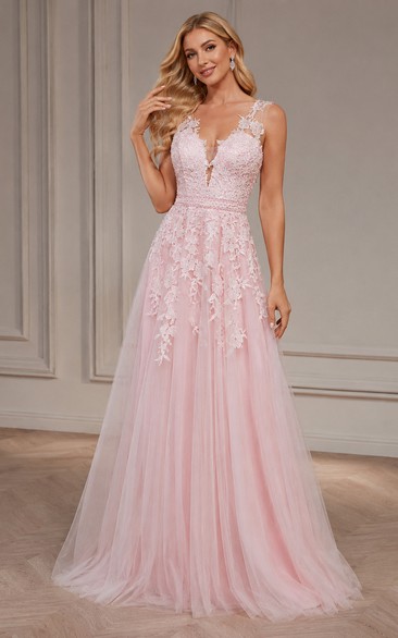 A-Linien-Kleid aus Tüll und Spitze mit V-Ausschnitt, Applikationen und tiefem V-Ausschnitt am Rücken