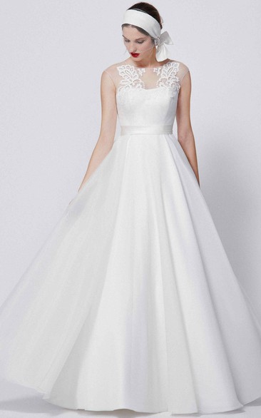 A-Line Appliqued Cap-Sleeve Floor-Length Scoop-Neck Satin Wedding Dress