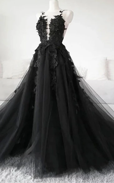 Black Gothic Sexy Tulle Sleeveless Spaghetti Backless Plus Size Formal/Prom/Wedding Lace Appliques Dress
