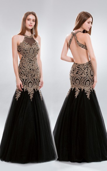 Mermaid Maxi High Neck Sleeveless Tulle Backless Dress With Appliques