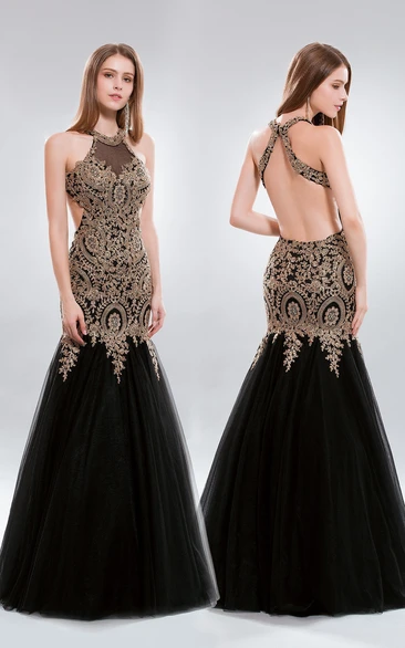 Mermaid Maxi High Neck Sleeveless Tulle Backless Dress With Appliques