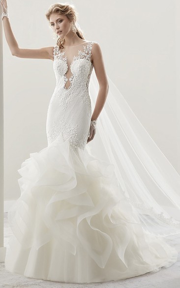 Cap Sleeve Jewel-Neck Sheath Gown With Ruffles And Illusion Design
