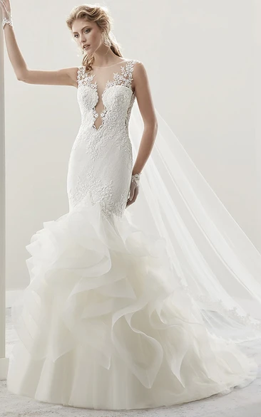 Cap Sleeve Jewel-Neck Sheath Gown With Ruffles And Illusion Design