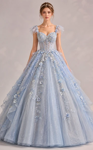 Ball Gown Lace Prom Dress with V-neck, Short Sleeve and Appliques Flower, Floor Length