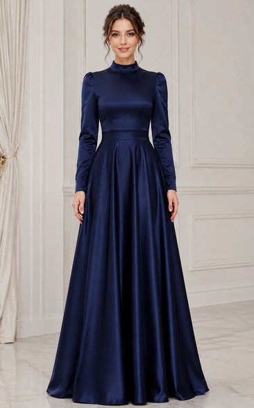 Modest Dark Navy Satin High Neck Long Sleeve A-Line Evening Gown