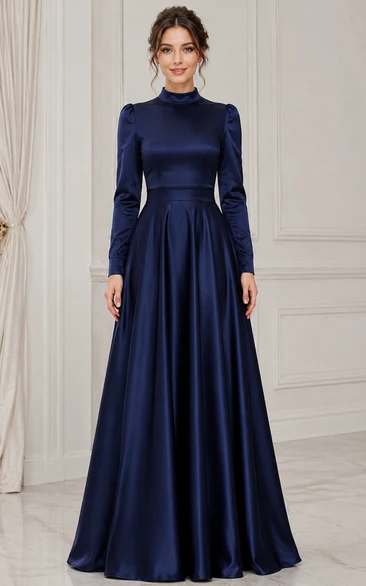 Modest Dark Navy Satin High Neck Long Sleeve A-Line Evening Gown