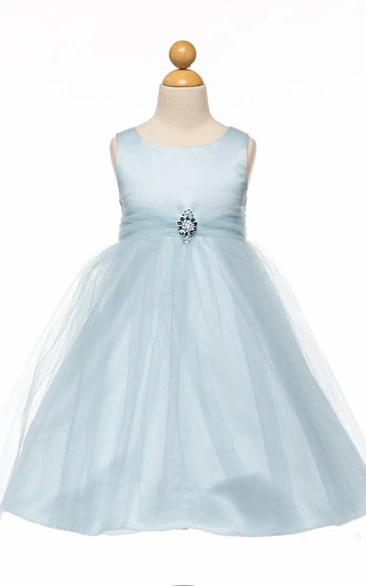 Tea-Length Beaded Tulle&Satin Flower Girl Dress With Broach
