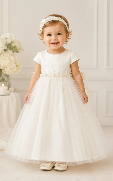 Baby Christening Gown Modest A-Line Short Sleeve Tulle Lace Floor-Length with Bow Sash in Ivory