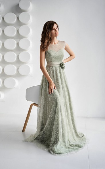 Green Cap Ethereal Floor-length Dress with Beaded Overlay
