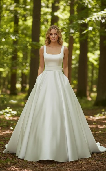 Square Neck A-Line Satin Simple Wedding Dress with Pockets