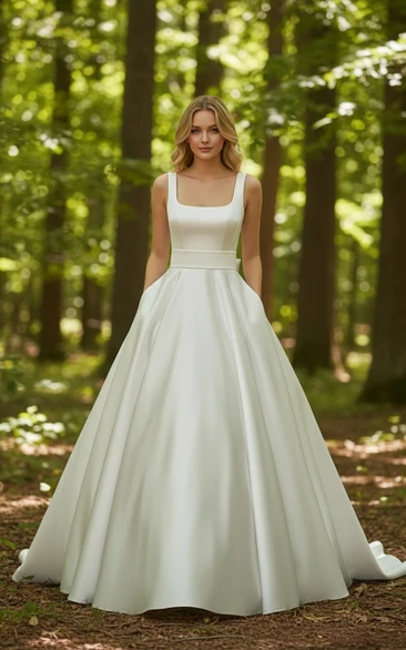 Square Neck A-Line Satin Simple Wedding Dress with Pockets
