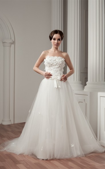 Strapless A-Line Tulle Overlay and Gown With Floral Embellishment