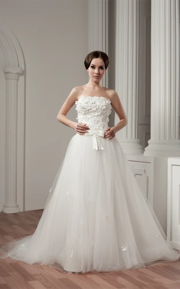 Strapless A-Line Tulle Overlay and Gown With Floral Embellishment