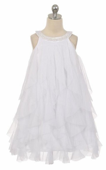 Floral Tea-Length Beaded Floral Satin Flower Girl Dress With Ruffles