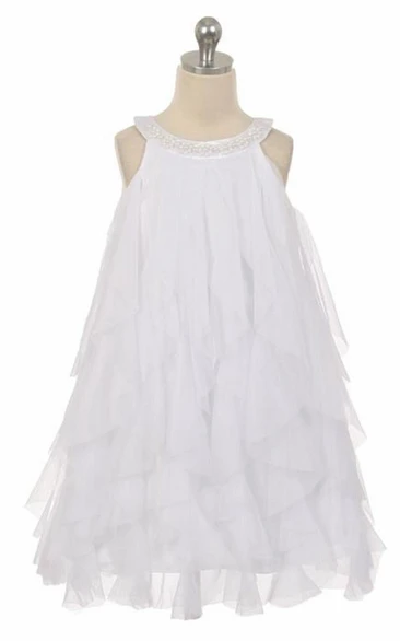 Floral Tea-Length Beaded Floral Satin Flower Girl Dress With Ruffles
