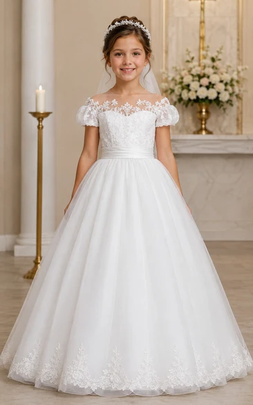 Puff Sleeve Lace Illusion White Tulle First Communion Ball Gown with Veil