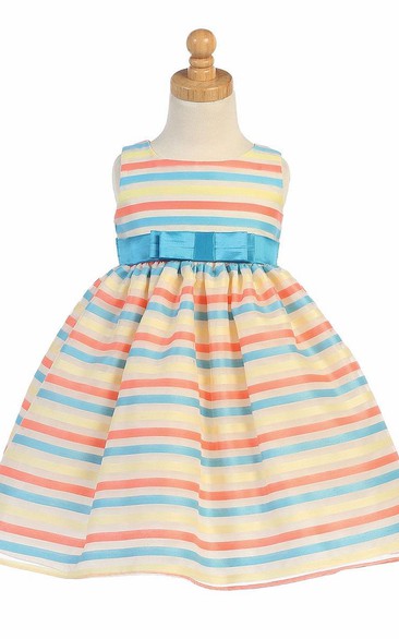 Tea-Length Sleeveless Bowed Organza&Satin Flower Girl Dress