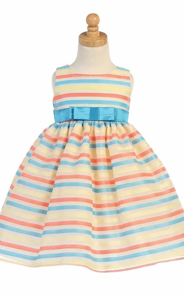 Tea-Length Sleeveless Bowed Organza&Satin Flower Girl Dress