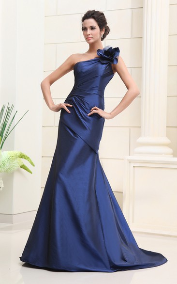 Taffeta One-Shoulder Dress With Side-Draping and Flower