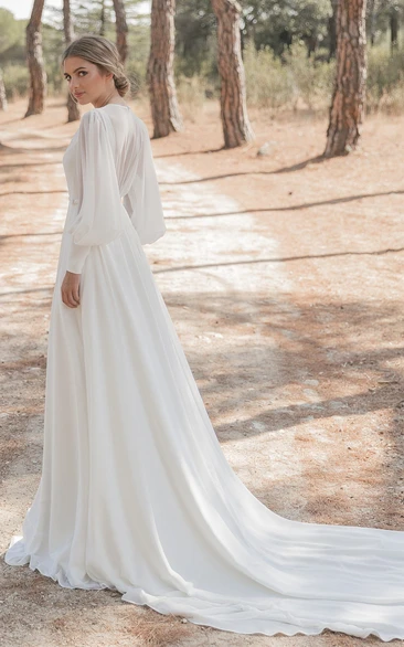 Modest A Line Chiffon High Neck Chapel Train Wedding Dress with Ruching