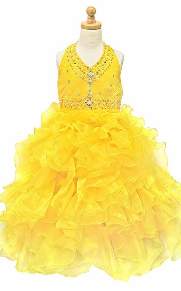 Tea-Length Ruffled Natural Beaded Tiered Sequins&Organza Flower Girl Dress With Ribbon