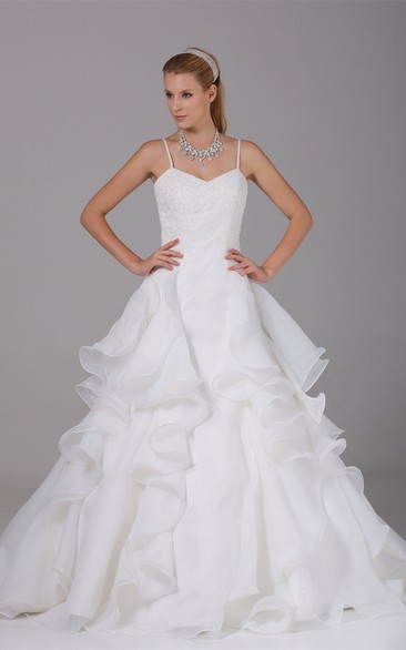Appliqued A-Line Ruffled Corset Back and Gown With Spaghetti Straps
