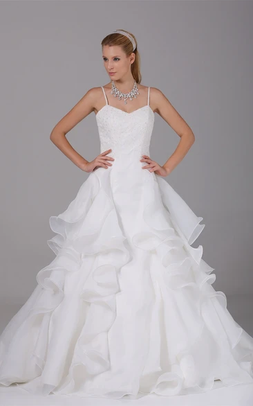 Appliqued A-Line Ruffled Corset Back and Gown With Spaghetti Straps