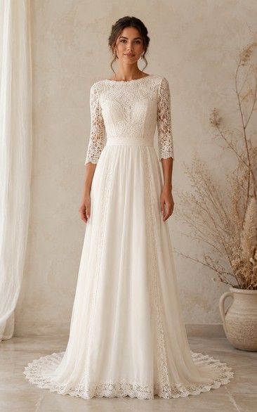Modest A-Line Wedding Dress Three-Quarter Sleeve Jewel Neck Bateau Neck Lace Chiffon Floor Length Sweep Train Ivory