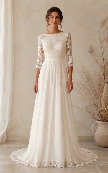 Modest A-Line Wedding Dress Three-Quarter Sleeve Jewel Neck Bateau Neck Lace Chiffon Floor Length Sweep Train Ivory