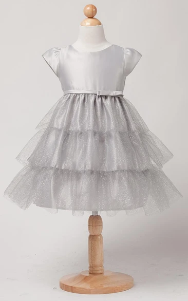Tea-Length Bowed Empire Cap-Sleeve Satin Flower Girl Dress With Ruffles