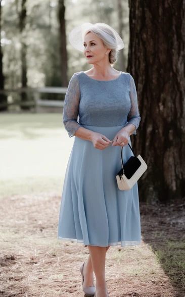 Scoop-neck Tea-length Chiffon Casual Summer Half-sleeve Mother of Bride Dress