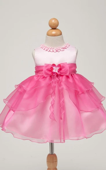 Tea-Length Sleeveless Bowed Organza&Satin Flower Girl Dress