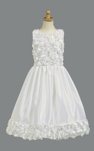Tea-Length Floral Tiered Satin Flower Girl Dress With Embroidery