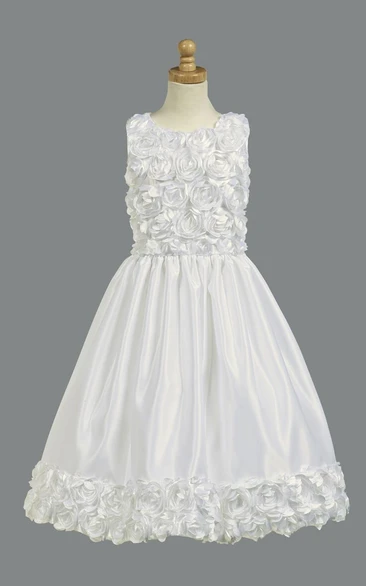 Tea-Length Floral Tiered Satin Flower Girl Dress With Embroidery