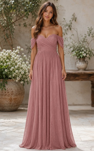 Dusty Rose Off-the-Shoulder Tulle A-Line Bridesmaid Dress