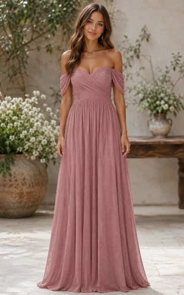 Dusty Rose Off-the-Shoulder Tulle A-Line Bridesmaid Dress