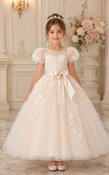 A-line Floor Length Puff Sleeve Tulle Lace Flower Girl Dress with Ivory puff sleeves