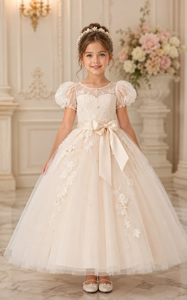 A-line Floor Length Puff Sleeve Tulle Lace Flower Girl Dress with Ivory puff sleeves