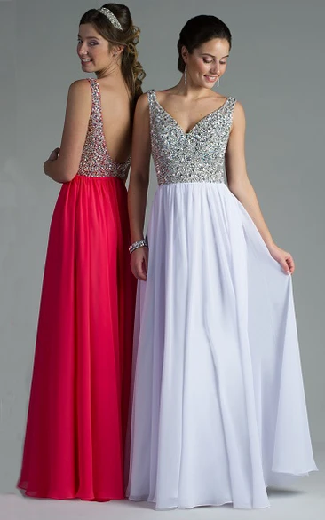 Backless V Neck Chiffon Long Bridesmaid Dress With Crystal Bodice