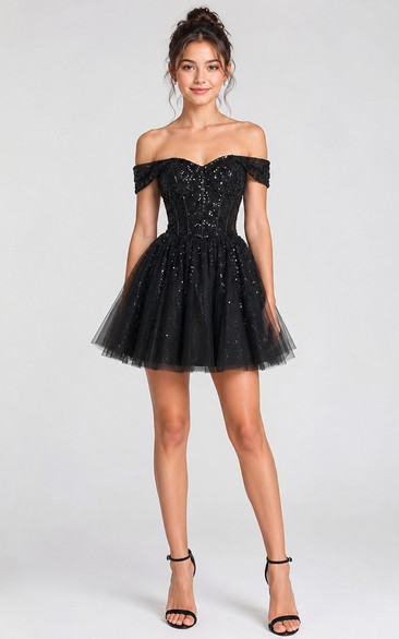 Short A-Line Short Off-the-Shoulder Short Sleeve Tulle Homecoming Dress with Sequins
