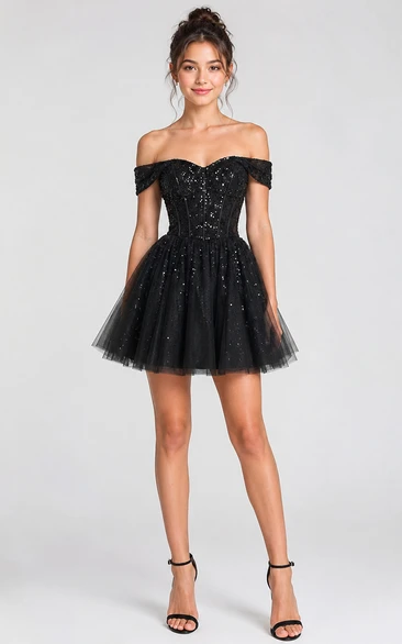Short A-Line Short Off-the-Shoulder Short Sleeve Tulle Homecoming Dress with Sequins