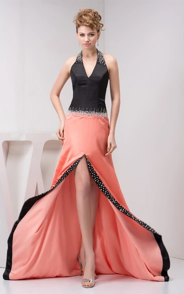 Two-Tone Floor-Length Front-Split Halter and Dress With Beading