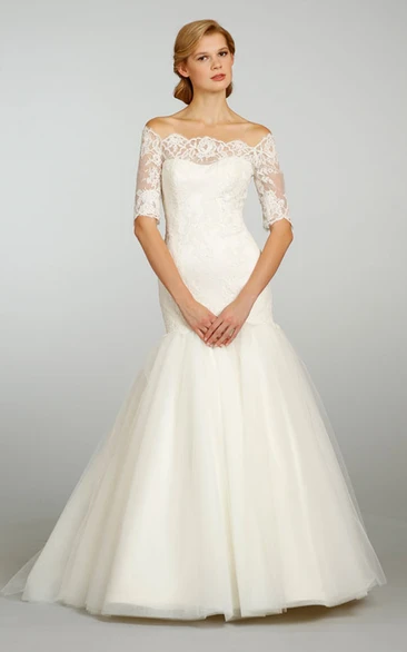 Classic Off the Shoulder Tulle Ball Bridal Gown With 3-4 Lace Sleeve