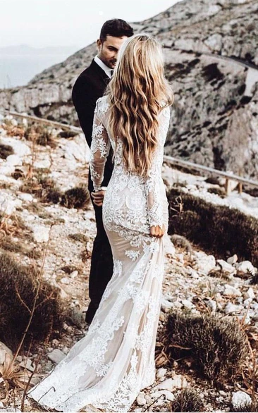 Long Sleeve Winter Lace Sheath Modest Boho Wedding Dress