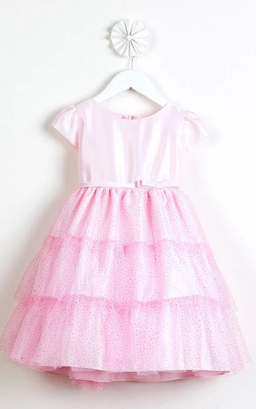 Tea-Length Bowed Empire Cap-Sleeve Satin Flower Girl Dress With Ruffles
